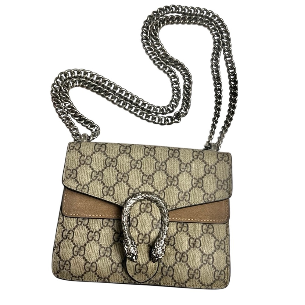 Gucci Dionysus Mini GG Monogram Canvas Beige Tan Suede Shoulder Bag